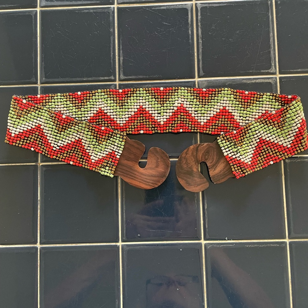 Beaded Zigzag Waist Belt with Wood Hook Closure - Red, Green, Cream